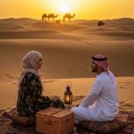 Romantic desert dinner setup under the night sky in Dubai