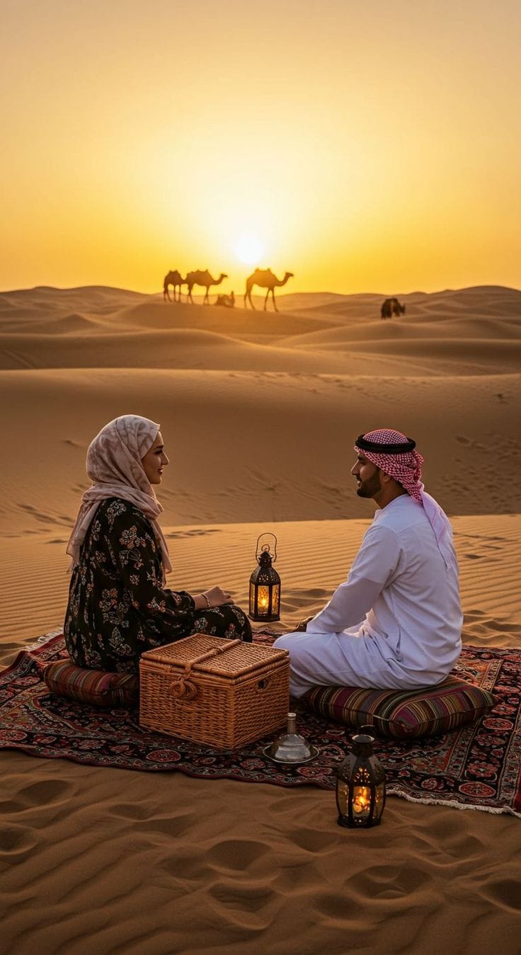 Couple enjoying anniversary dinner setup in Dubai desert with candles and fairy lights