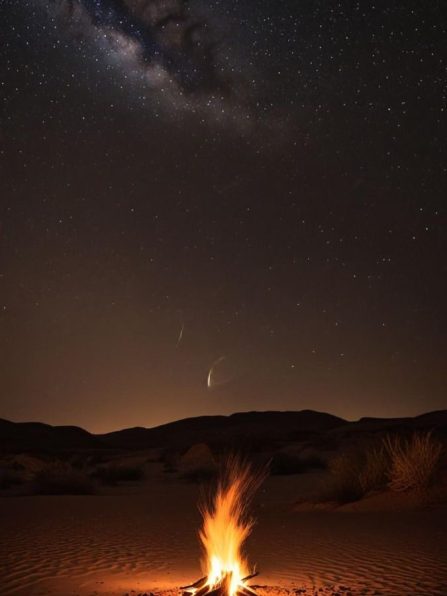 Night desert with camp fire